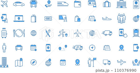 青の2色の線画のトラベル・移動系のアイコンセット 110376990