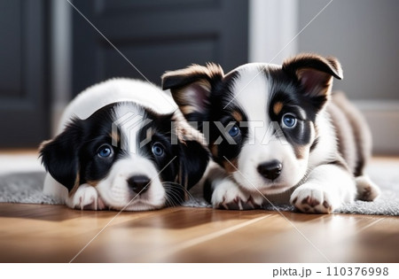 AI-generated content. Two puppys laying at the floor 110376998