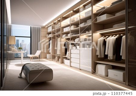 Walk in closet interior design, white walk in wardrobe in modern luxury and minimal style. generative ai 110377445