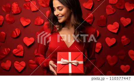 Woman in red holding gift box in her hands on red backdrop, New year and Valentines day sale promotion. Generative AI Woman in red holding gift box in her hands on red backdrop, New year and Valentines day sale promotion. Generative AI 110377447
