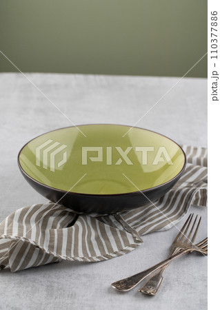 empty green plate on a light and green background. Mockup empty green plate on a light and green background. Mockup 110377886