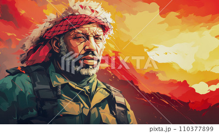 Portrait of a fictional emotional man similar to Palestinian leader Yasser Arafat Portrait of a fictional emotional man similar to Palestinian leader Yasser Arafat 110377899
