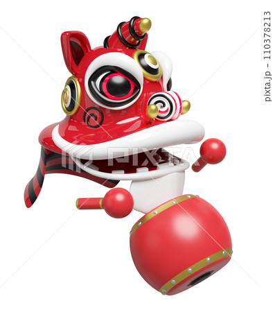 3d lion dance head with chinese drum, sticks for festive chinese new year holiday. 3d render illustration 110378213