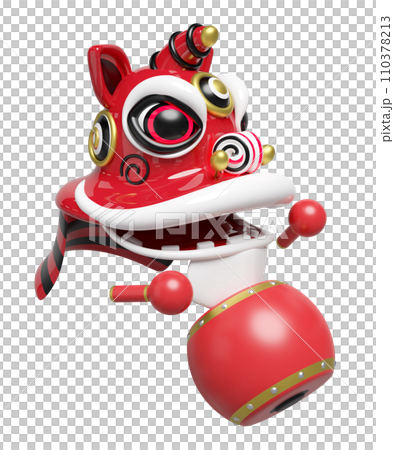 3d lion dance head with chinese drum, sticks for festive chinese new year holiday. 3d render illustration 110378213