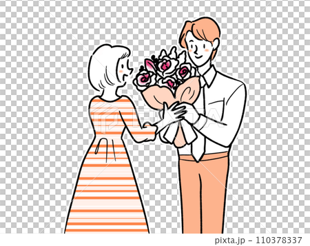 一個男人送花束，一個女人接受花束 110378337