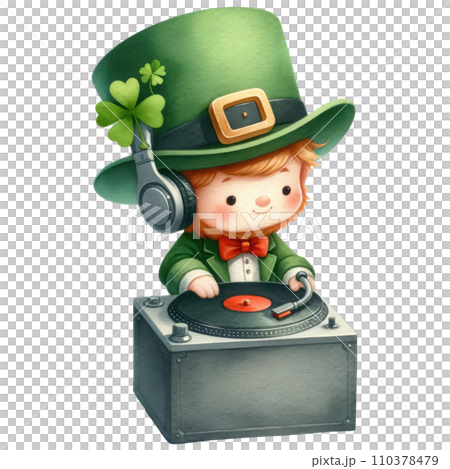 Leprechaun DJ with a turntable on St Patrick Day Leprechaun DJ with a turntable on St Patrick Day 110378479
