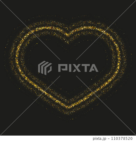 Golden fine dust in the shape of a heart on a black background, design element 110378520