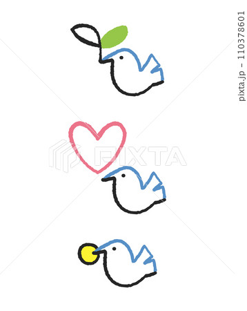 若葉をくわえた鳩、ハートと鳩、コインをくわえた鳩　セット　イラスト素材 110378601