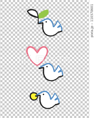 若葉をくわえた鳩、ハートと鳩、コインをくわえた鳩　セット　イラスト素材 110378601
