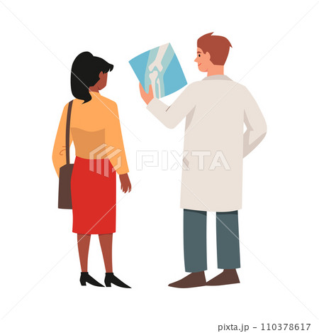 Orthopedic doctor holding x-ray and advises patient flat style Orthopedic doctor holding x-ray and advises patient flat style 110378617