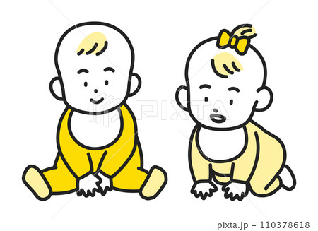 お座りをする男の子とハイハイをする女の子の赤ちゃんセット 110378618