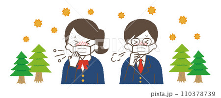 花粉症や風邪の症状。咳や鼻水などの体調不良の症状 110378739