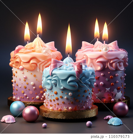 3D birthday cake with candles and decorations. Surprise party. Festive food. Pastel color. Cartoon creative design icons. 3D rendering 110379173