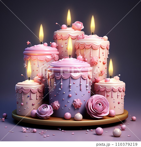 3D birthday cake with candles and decorations. Surprise party. Festive food. Pastel color. Cartoon creative design icons. 3D rendering 110379219