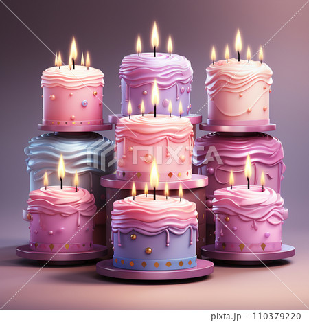 3D birthday cake with candles and decorations. Surprise party. Festive food. Pastel color. Cartoon creative design icons. 3D rendering 110379220