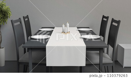 Blank white table runner and dishes mockup crop, interior background 110379263
