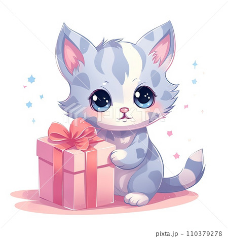 Cartoon character of cute cat with gift box, congratulation and gift concept, Generative AI	 110379278
