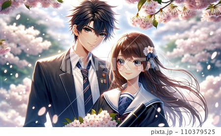 卒業イメージ。桜の木の下に立つ男女の高校生。AI画像。 110379525