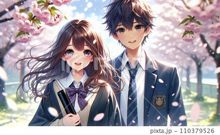 卒業イメージ。桜の木の下に立つ男女の高校生。AI画像。 110379526
