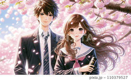 卒業イメージ。桜の木の下に立つ男女の高校生。AI画像。 110379527