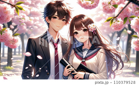 卒業イメージ。桜の木の下に立つ男女の高校生。AI画像。 110379528