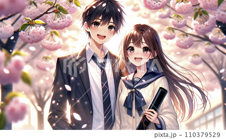 卒業イメージ。桜の木の下に立つ男女の高校生。AI画像。 110379529