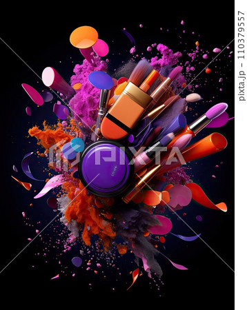 Various cosmetics on the background as an abstraction. Bright lipstick, mascara and other beauty products. Generative AI 110379557