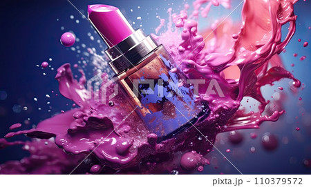 Various cosmetics on the background as an abstraction. Bright lipstick, mascara and other beauty products. Generative AI 110379572