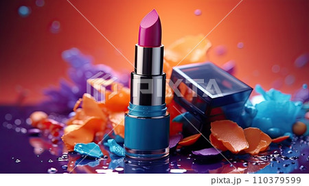 Various cosmetics on the background as an abstraction. Bright lipstick, mascara and other beauty products. Generative AI 110379599