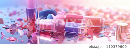 Various cosmetics on the background as an abstraction. Bright lipstick, mascara and other beauty products. Generative AI 110379600