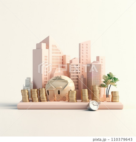 Sky scraper and stack of coins, Pastel background. 3D rendering. Financial and investment business concepts 110379643