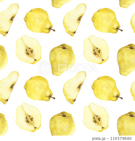 Watercolor quince seamless pattern. Whole and sliced quince fruits, leaves and flowers. Hand drawn isolated on white background perfect for packaging, invitations. 110379680