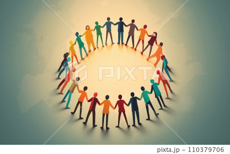 Group of business people standing in circle and holding hands. Teamwork concept. Blue background 110379706