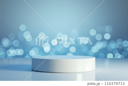 Round cylinder platform podium for product or cosmetics presentation on blue background with bokeh. 110379713