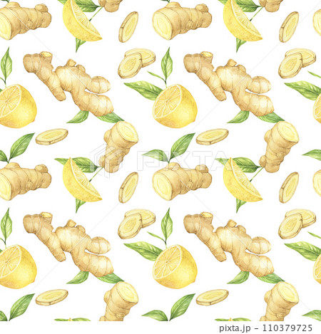 Watercolor illustration of spice ginger, half, leaves and lemon. Hand-drawn seamless pattern. Ginger root for food design. Kitchen herb and spice Watercolor illustration of spice ginger, half, leaves and lemon. Hand-drawn seamless pattern. Ginger root for food design. Kitchen herb and spice 110379725