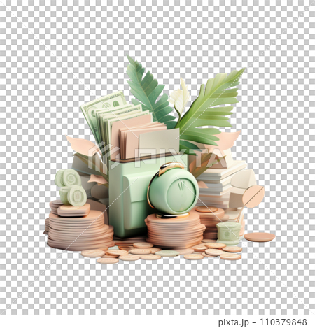 stack of coins, Pastel green leaves tone. 3D rendering. Financial and investment business concepts stack of coins, Pastel green leaves tone. 3D rendering. Financial and investment business concepts 110379848