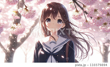 満開の桜並木を背景に微笑む女子高校生。AI画像。 110379894