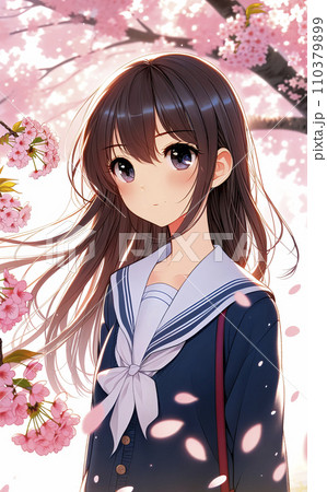 女子　HD壁紙 満開の桜並木を背景に微笑む女子高校生。AI画像。のイラスト素材 [110379899] - PIXTA