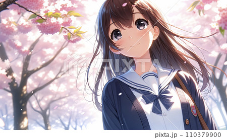 満開の桜並木を背景に微笑む女子高校生。AI画像。 110379900
