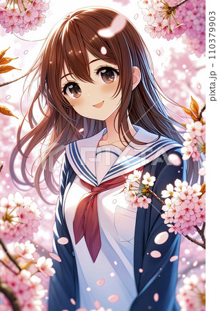 満開の桜並木を背景に微笑む女子高校生。AI画像。のイラスト素材