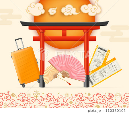 Realistic Detailed 3d Japan Travel and Tourism Concept Background. Vector Realistic Detailed 3d Japan Travel and Tourism Concept Background. Vector 110380103