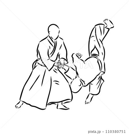 Aikido combat between athletes, stylized vector illustration 110380751