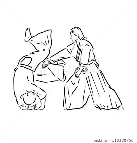 Aikido combat between athletes, stylized vector illustration 110380756