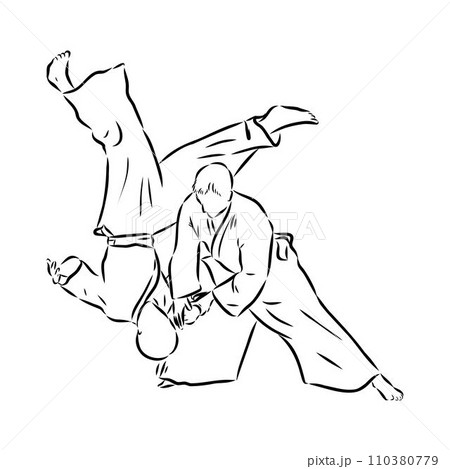 Aikido combat between athletes, stylized vector illustration 110380779