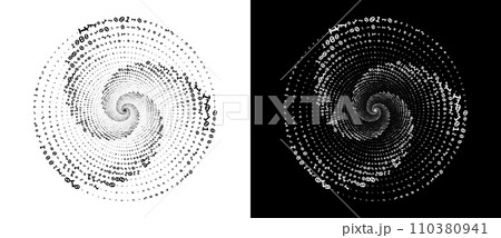 Abstract numbers one and zero in a spiral. Big data or chaos concept, logo icon or tattoo. Black shape on a white background and the same white shape on the black side. Abstract numbers one and zero in a spiral. Big data or chaos concept, logo icon or tattoo. Black shape on a white background and the same white shape on the black side. 110380941
