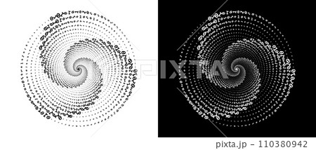 Abstract numbers one and zero in a spiral. Big data or chaos concept, logo icon or tattoo. Black shape on a white background and the same white shape on the black side. Abstract numbers one and zero in a spiral. Big data or chaos concept, logo icon or tattoo. Black shape on a white background and the same white shape on the black side. 110380942