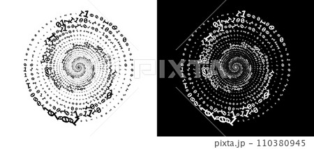 Abstract numbers one and zero in a spiral. Big data or chaos concept, logo icon or tattoo. Black shape on a white background and the same white shape on the black side. Abstract numbers one and zero in a spiral. Big data or chaos concept, logo icon or tattoo. Black shape on a white background and the same white shape on the black side. 110380945