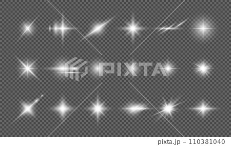 Transparent white light effects on a transparent background. A collection of various glowing sparks, stars. Transparent white light effects on a transparent background. A collection of various glowing sparks, stars. 110381040