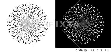Abstract background with semicircles in circle. Art design circle as logo or icon. A black figure on a white background and an equally white figure on the black side. Abstract background with semicircles in circle. Art design circle as logo or icon. A black figure on a white background and an equally white figure on the black side. 110381047
