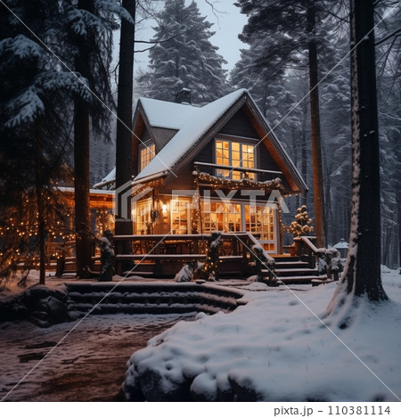 AI-generated content. Cozy winter forest house in snow, Christmas atmosphere with warm light in windows, holiday postcard view 110381114